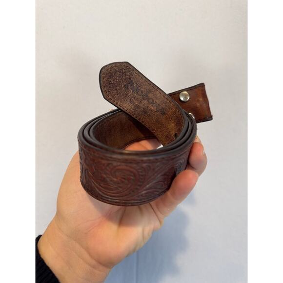 Nocona Mens Western Belt Leather Tooled Small Brown Cross Scroll‎ No Buckle - Picture 3 of 10